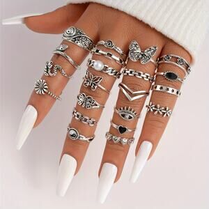 NEW 21pc Boho Ring Set – Retro Silver Stackable Rings, Flower Jewelry, Butterfly